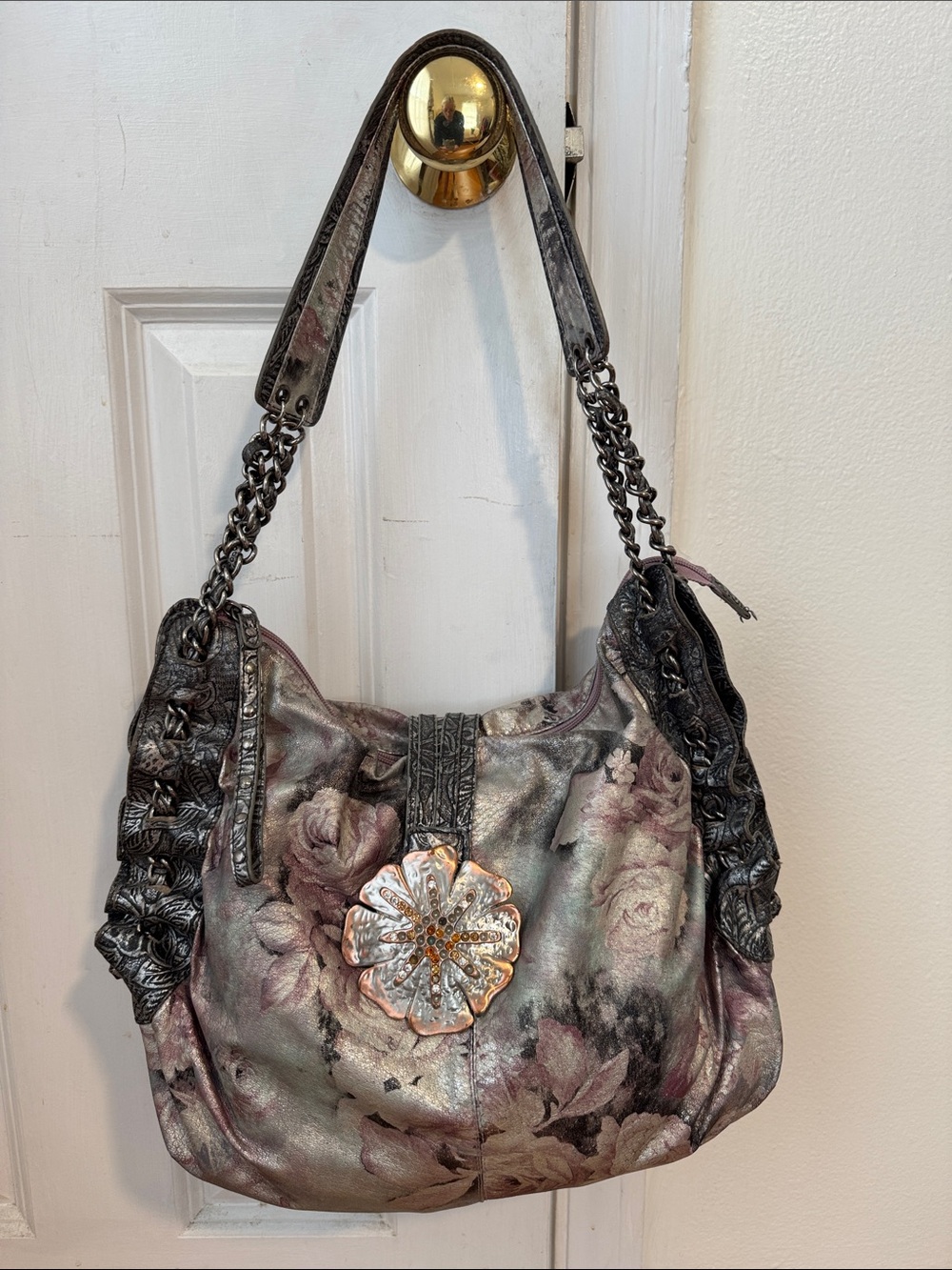Vintage Sharif Studio Metallic Leather Floral Shoulder Bag Purse Flower Boho - Picture 2 of 12